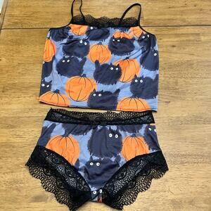 Halloween Black Cat Pumpkin Cami Pajama Set Size M